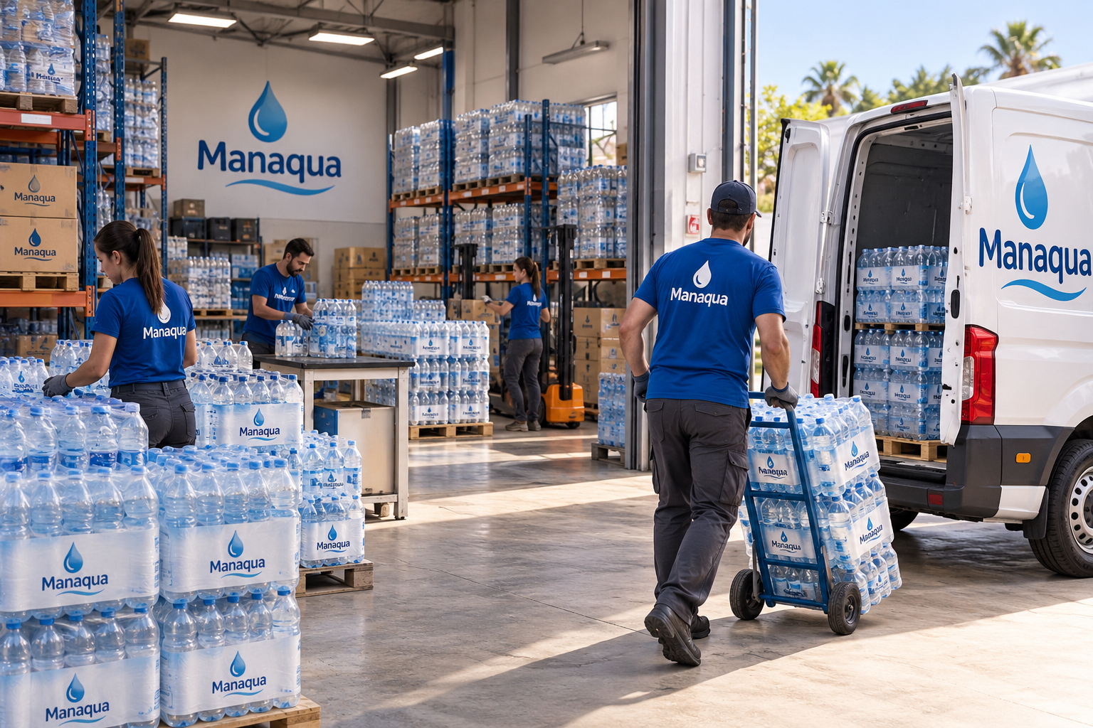 Imagen ilustrativa de un almacén Manaqua preparando pedidos de agua mineral